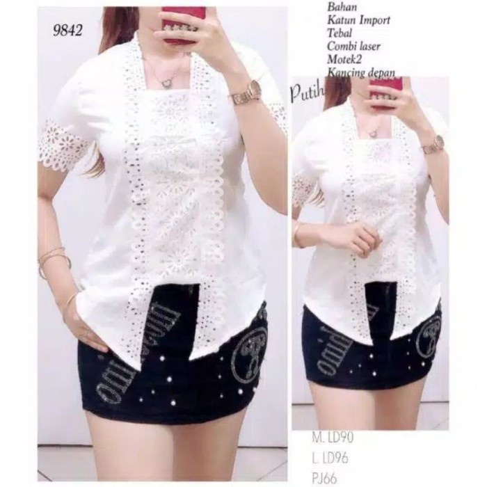 

New COD Kebaya Kutu Baru Modern lengan pendek katun laser import - Putih Mutiara, XXL