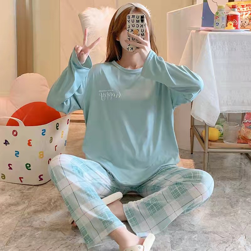 Setelan Baju Celana Tidur Piyama Wanita Dewasa Lengan Panjang Biru Lucu Premium Import Murah Kekinia
