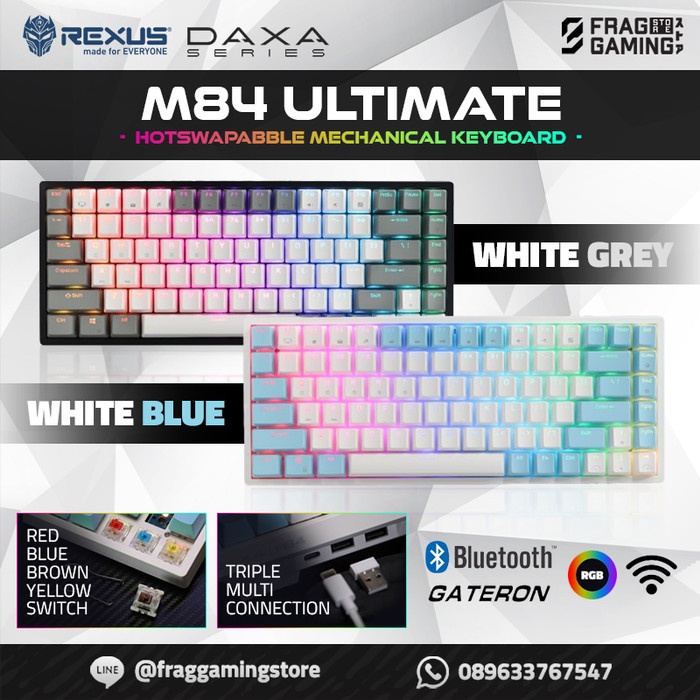 Rexus Daxa M84 Ultimate Wireless / BT / Wired Mechanical Keyboard - WHITE GREY, BROWN SWITCH