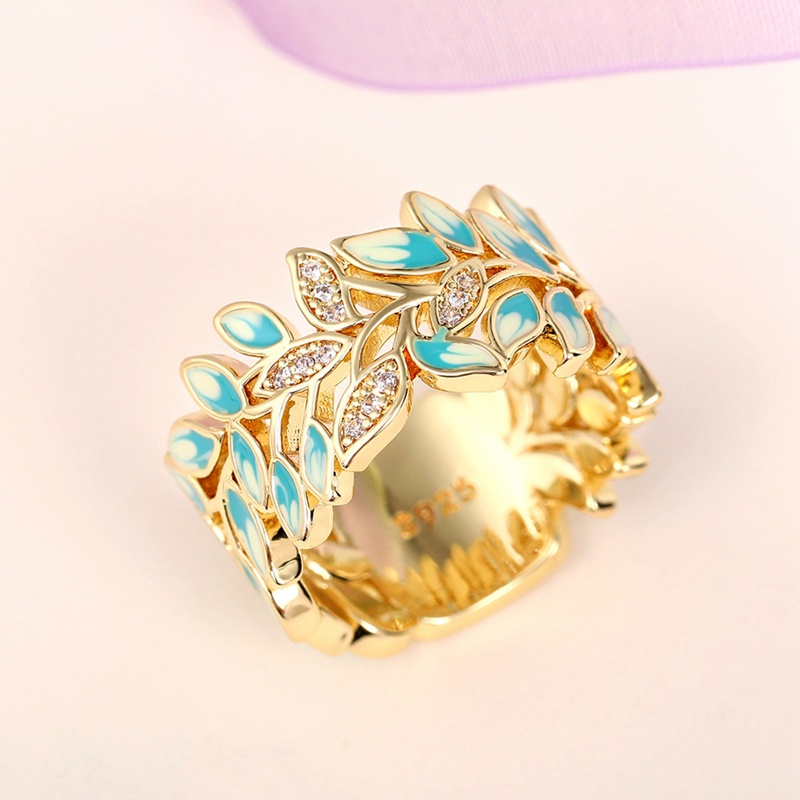 Daun Hijau Enamel Cincin Wanita Fashion Aksesoris Jari Untuk Pesta Warna Emas Dibuka Kristal CZ Batu Chic Perhiasan Perempuan