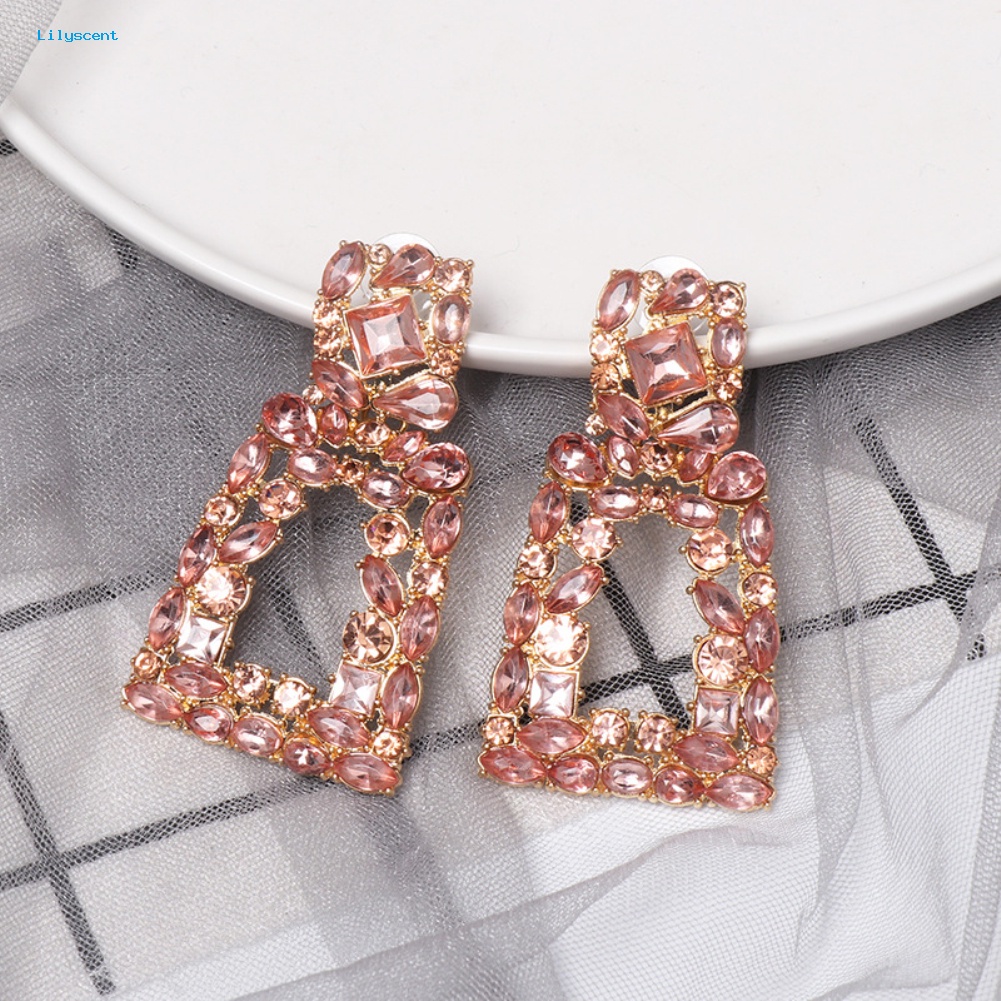 Lilyscent Wanita Berlian Imitasi Berongga Keluar Geometris Menjuntai Ear Stud Earrings Perhiasan Hadiah