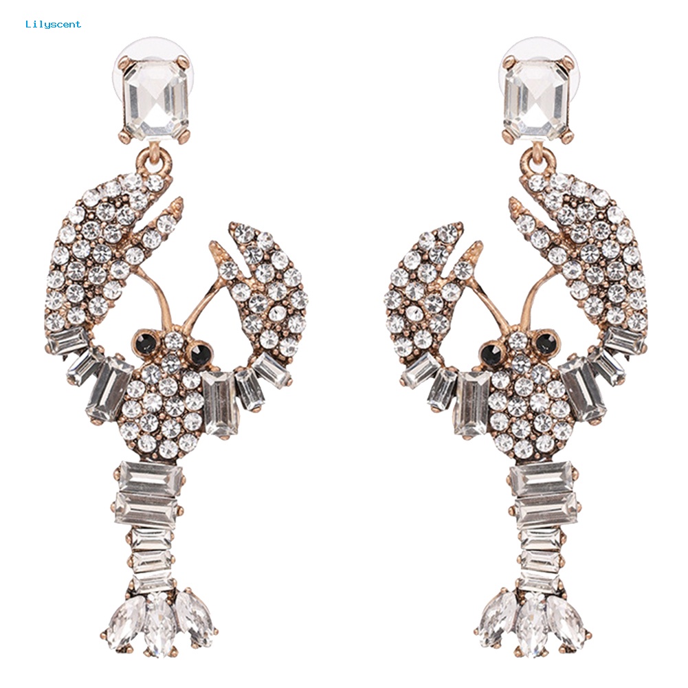 Lilyscent Kreatif Wanita Bling Berlian Imitasi Hias Lobster Pendant Statement Stud Earrings