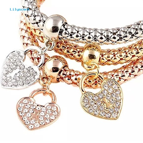 Lilyscent 3Pcs Fashion Wanita Berlian Imitasi Cinta Hati Liontin Elastis Gelang Bangles