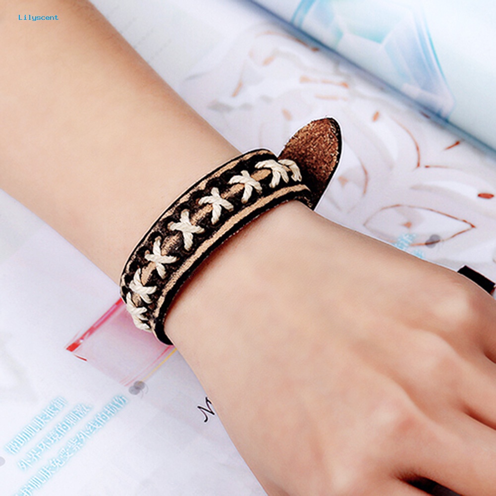 Lilyscent Unisex Rajut Tali Kulit Gesper Gelang Punk Antik Gelang Cuff Bangle