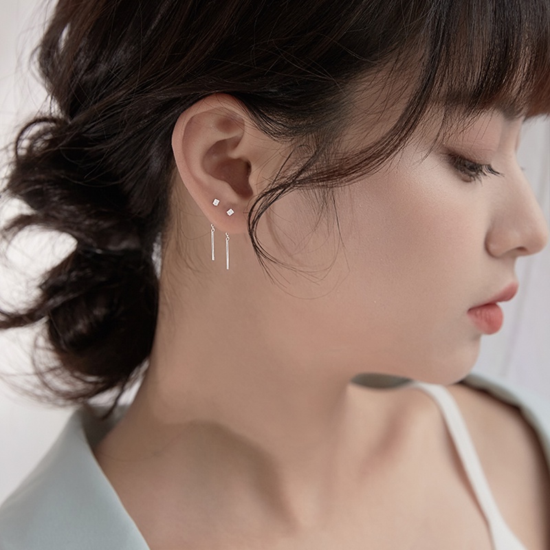 Magic789 Korea Kecil Perak Persegi Rumbai Rantai Menjuntai Anting Untuk Wanita Gadis Temperamen Geometris Drop Earrings Perhiasan Telinga Sederhana