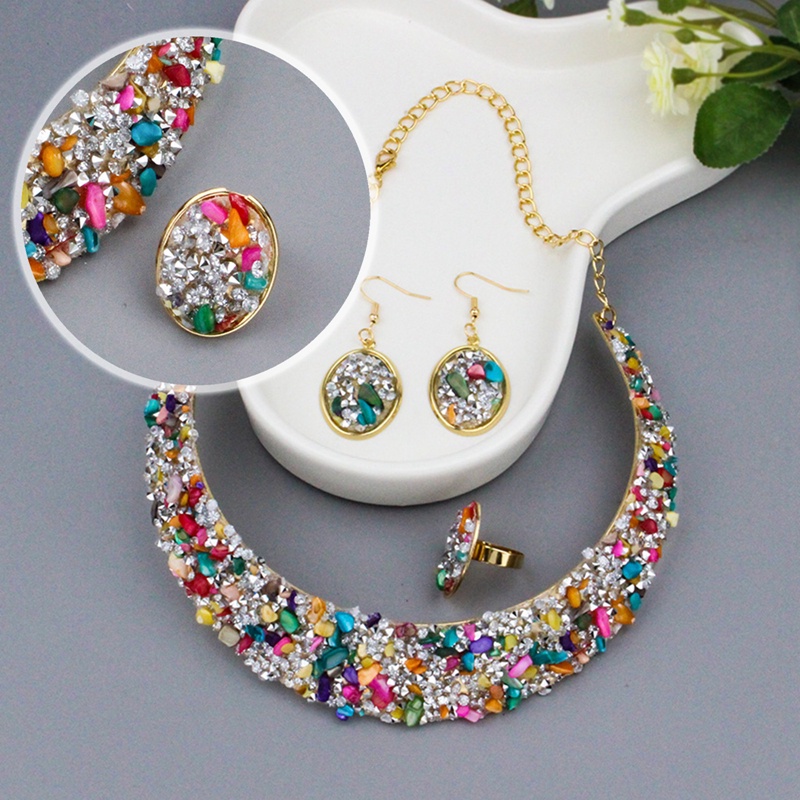 Temperamen Eropa Dan Amerika Perhiasan Pengantin Mengkilap Paduan Bertatahkan Berlian Penuh Perhiasan Pernikahan Kalung Cincin Anting Set