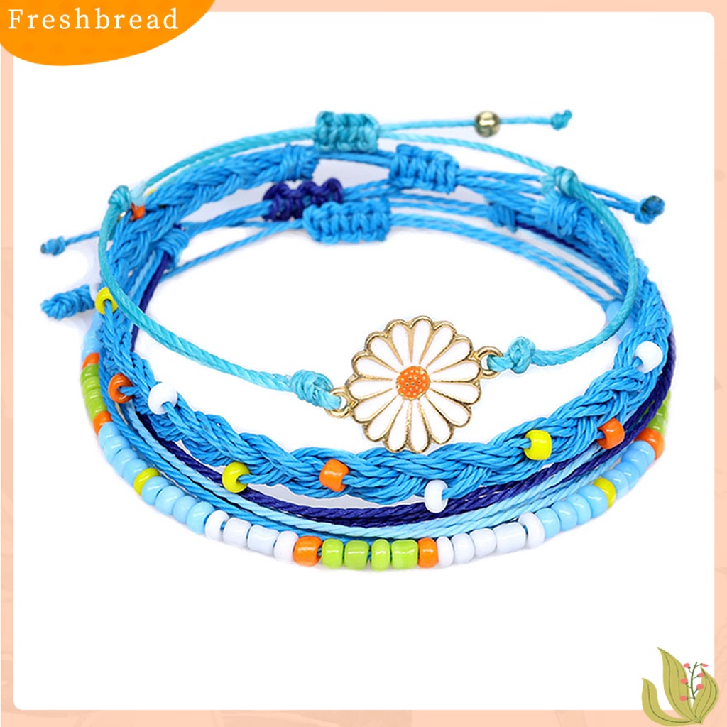 &lt; Freshbread &gt; 4Pcs Wanita Gelang Gaya Bohemian Paduan Tahan Air Tenun Tangan Gelang Braided Bangle Dengan Liontin Set Hadiah Ulang Tahun