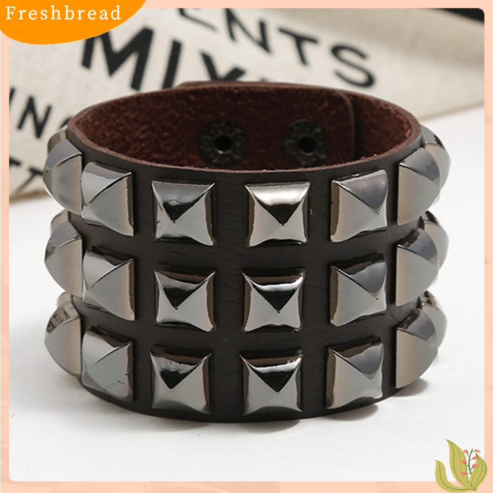 &lt; Freshbread &gt; Punk Pria Wanita Club Square Rivet Studded Wide Cuff Faux Leather Bangle Bracelet