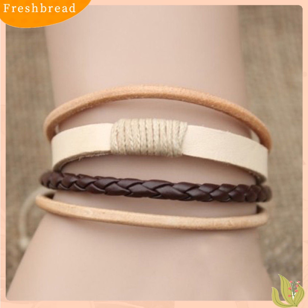 &lt; Freshbread &gt; Gelang Simple Adjustable Unisex Multi-layer Braided Faux Leather Bangle Untuk Belanja