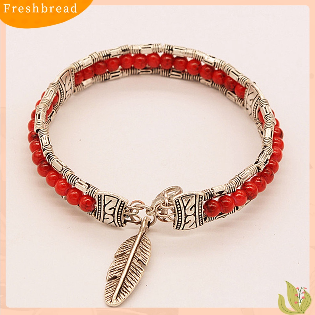 &lt; Freshbread &gt; Gelang Wanita Bentuk Bulu Bahan Alloy Imitasi Turquoise Tiga Lapis Women Bangles Untuk Hadiah