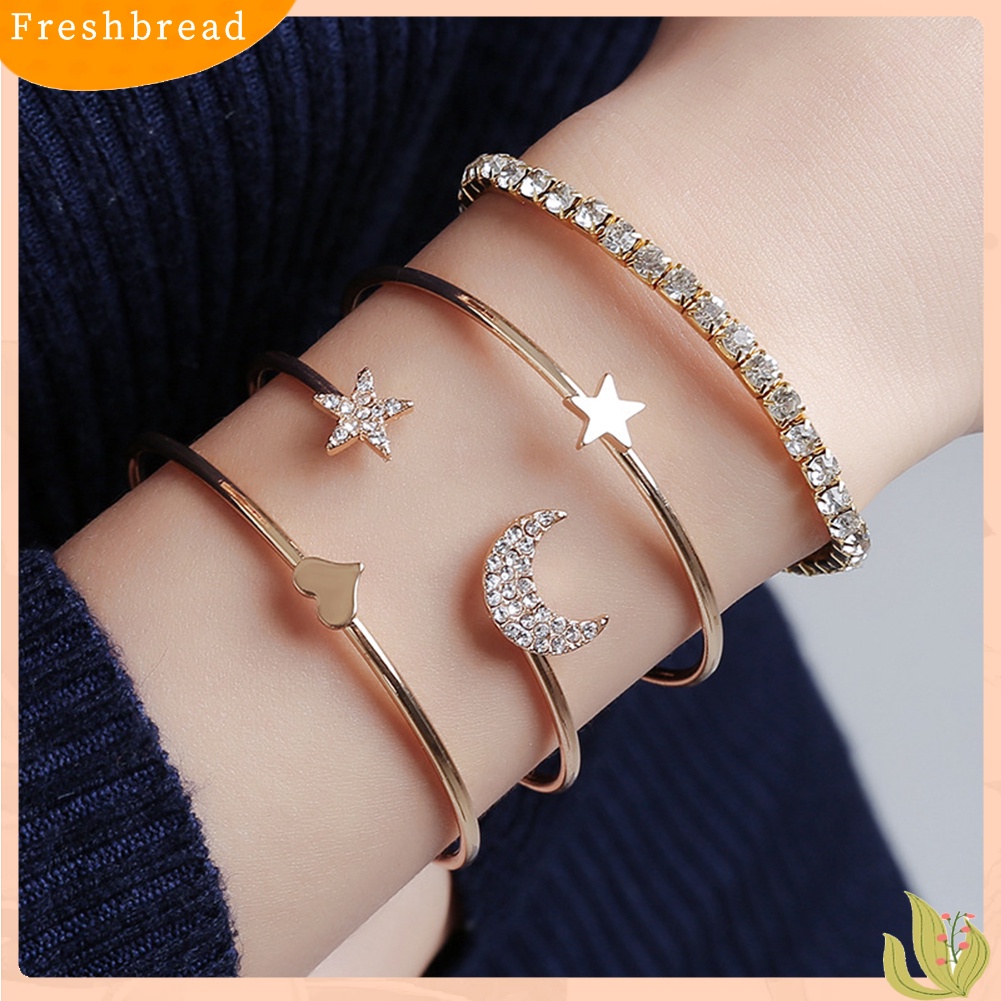 &lt; Freshbread &gt; 4Pcs/Set Bulan Bintang Hati Pesona Berlian Imitasi Bertatahkan Gelang Wanita Bangle Jewelry