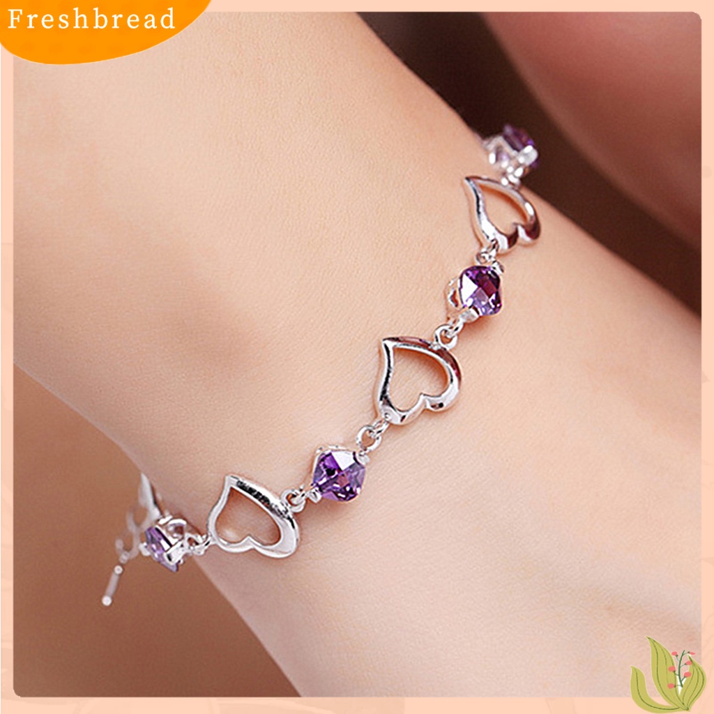 &lt; Freshbread &gt; Wanita Gelang Adjustable Berlian Imitasi Mengkilap Hias Perak Berlapis Kilau Terang Hias Hadiah Wanita Berongga-out Jantung Pesona Gelang Fashion Perhiasan