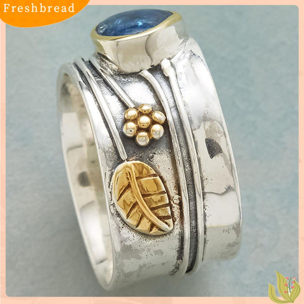 &lt; Freshbread &gt; Cincin Vintage Two-tone Pernyataan Sederhana Biru Permata Imitasi Daun Bunga Jari Cincin Perhiasan Aksesoris