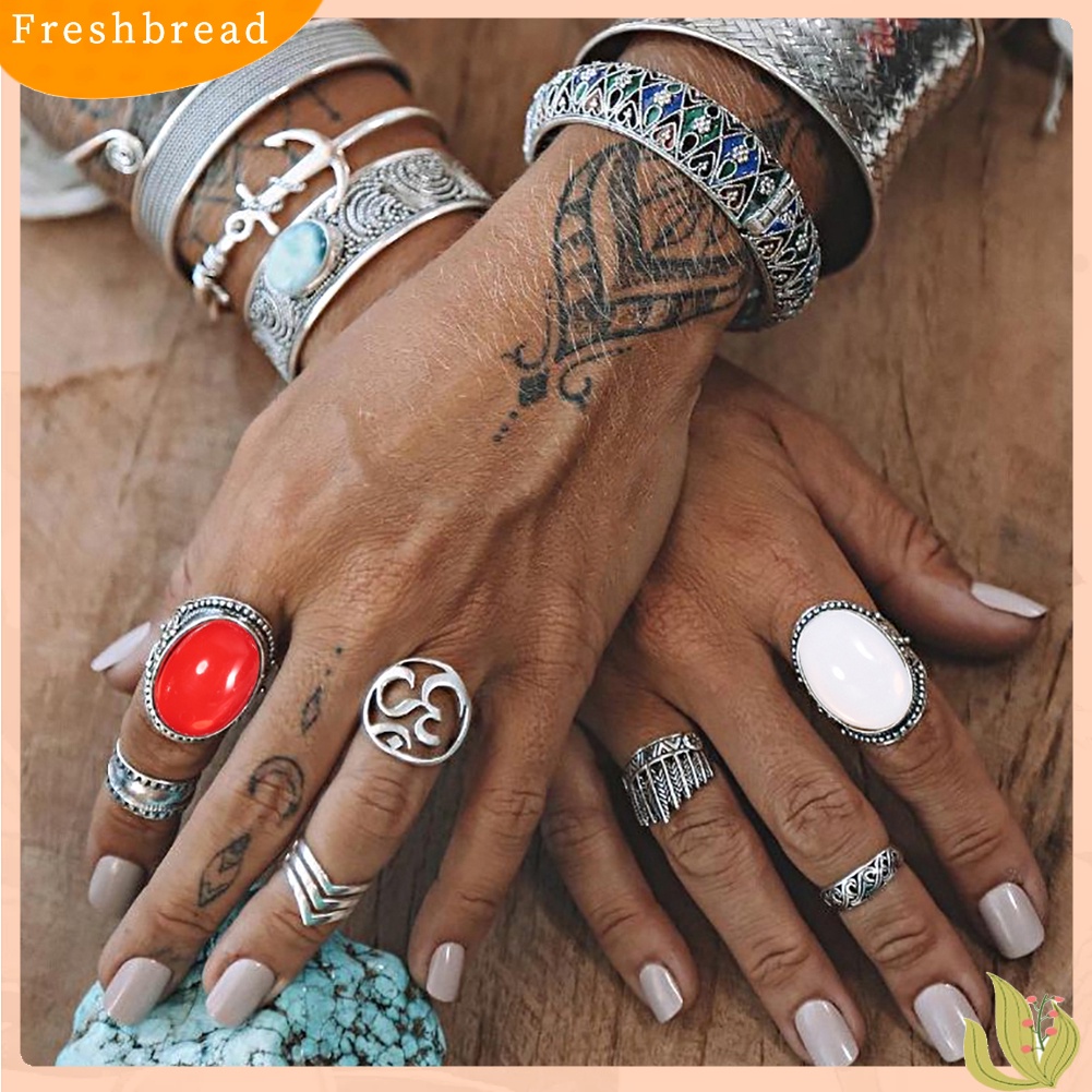 &lt; Freshbread &gt; 7Pcs/Set Boho Wanita Oval Yoga OM Knuckle Midi Susun Cincin Retro Perhiasan Hadiah