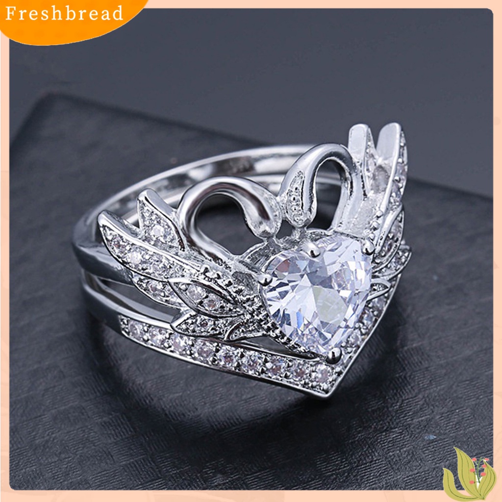 &lt; Freshbread &gt; Sepasang Bentuk Angsa Wanita Cincin Cubic Zirconia Alloy Hati Berongga Shiny Finger Ring Perhiasan Aksesori