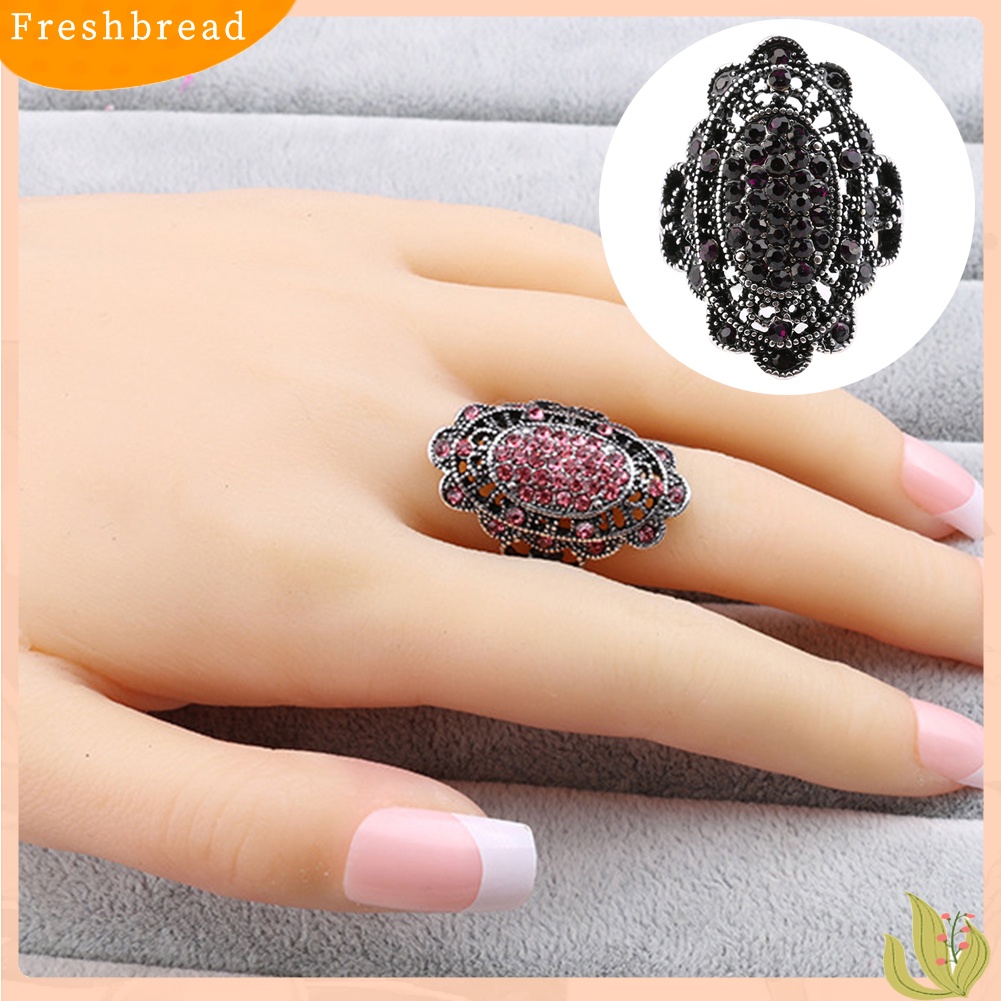 &lt; Freshbread &gt; Perhiasan Pesta Wanita Vintage Bentuk Oval Berongga Berlian Imitasi Jari Cincin Hadiah