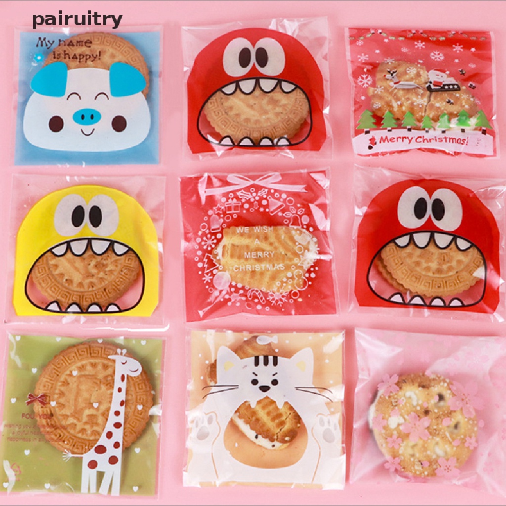 Prt 100pcs/pack Kartun Kue Permen Perekat Diri Tas Biskuit Snack Baking Bags PRT