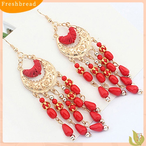 &lt; Freshbread &gt; Wanita Retro Bulan Sabit Telinga Tetes Menjuntai Rumbai Kait Anting Gaya Boho