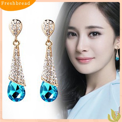 &lt; Freshbread &gt; Wanita Tetesan Air Lampu Gantung Berlian Imitasi Penuh Zirkon Anting Telinga Stud Ear-clip