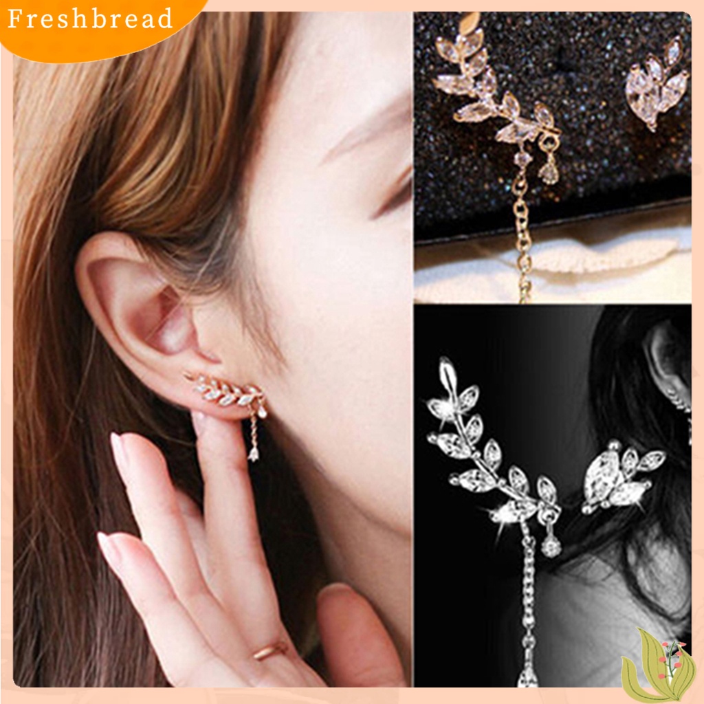 &lt; Freshbread &gt; Ear Studs Asimetris Anti Karat Wanita Daun Berlian Imitasi Anting Rumbai Untuk Pernikahan