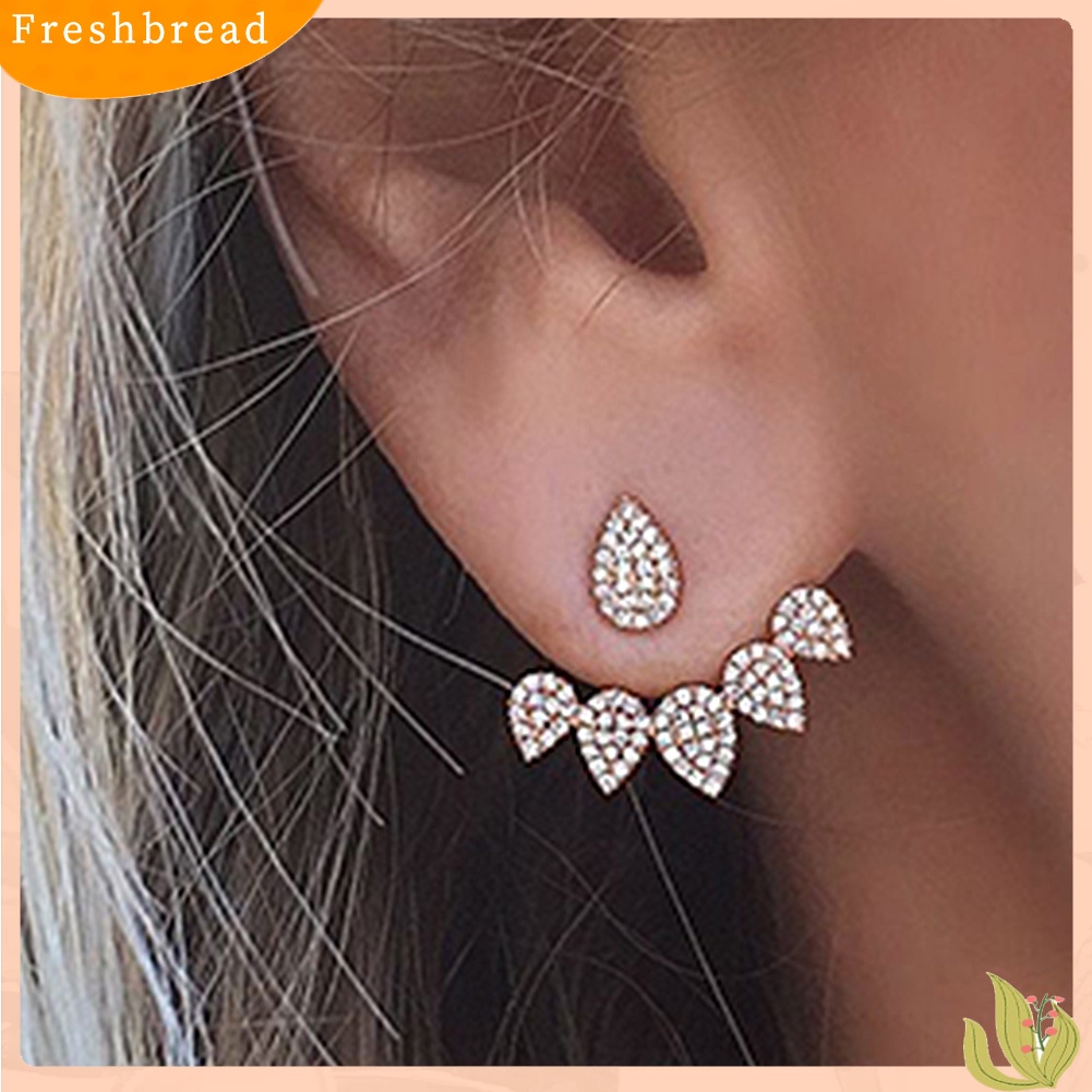 &lt; Freshbread &gt; Wanita Chic Tetesan Air Berlian Imitasi Depan Belakang Telinga Jaket Tindik Stud Earrings