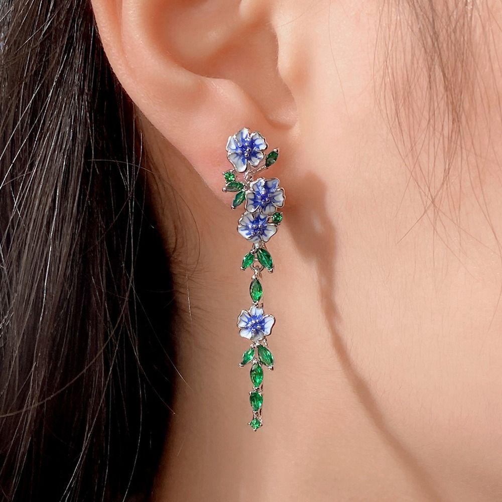 Lily Anting Gantung Panjang Wanita Bunga Biru Romantis Ear Studs