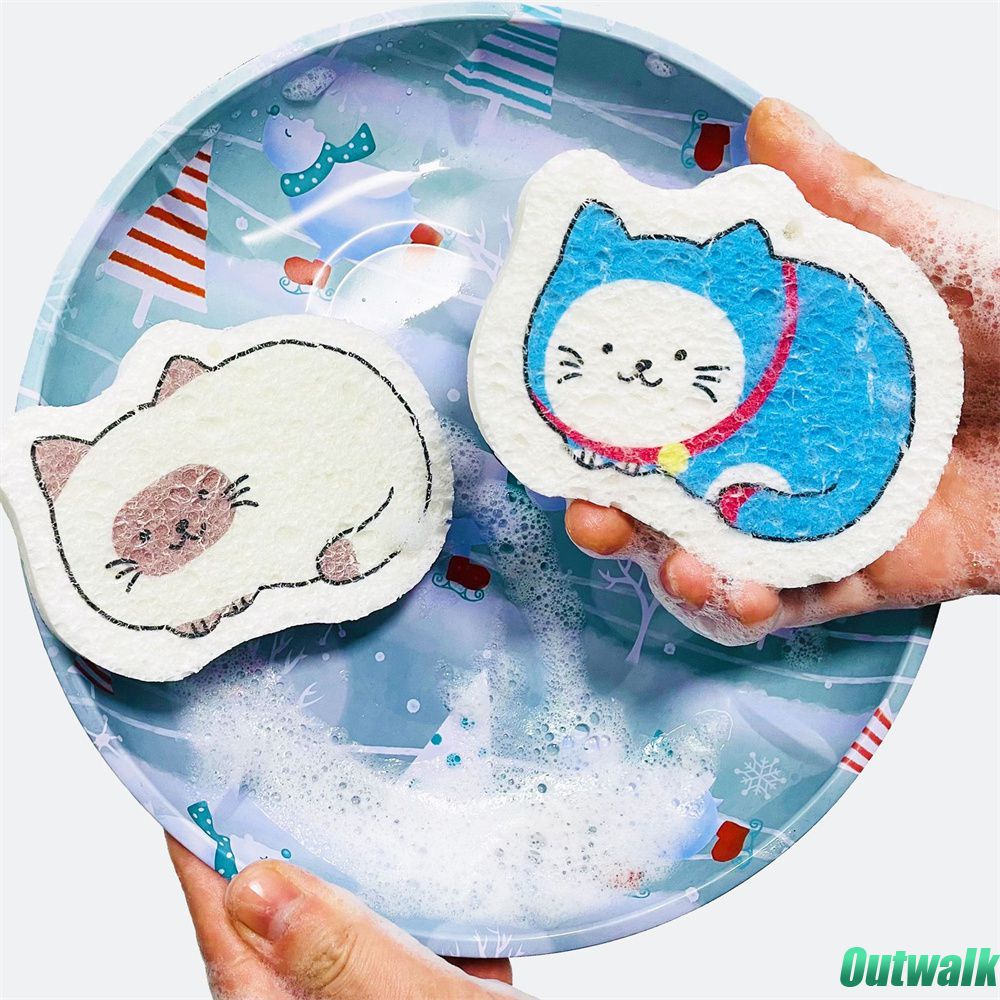 ღ Compressed Wood Pulp Sponge Kartun Dish Kain Minyak Penghapusan Cleaning Sihir Spons Serat Kayu Kain Degradable Dapur Non-tongkat Alat Pembersih
