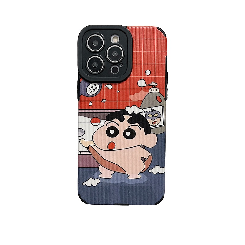 Leather Soft Case iP iPhone 7 8 Plus SE 2020 X XR XS Max 11 12 13 14 Pro Max 14 Plus Phone Case Camera Protect Cute bathe Crayon Shin Chan Anime Cartoon