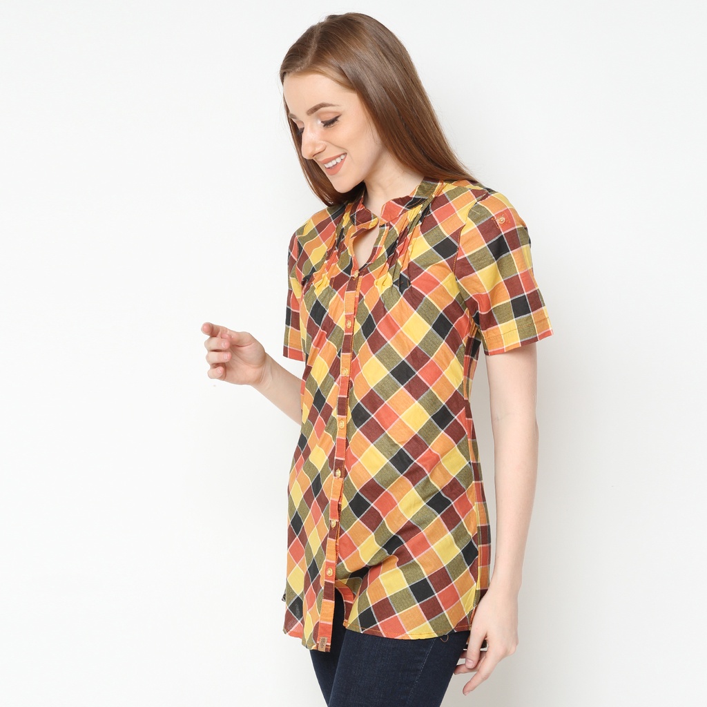 Mobile Power Ladies Basic Plaid Shirt Short Sleeve - Multi Color L8141