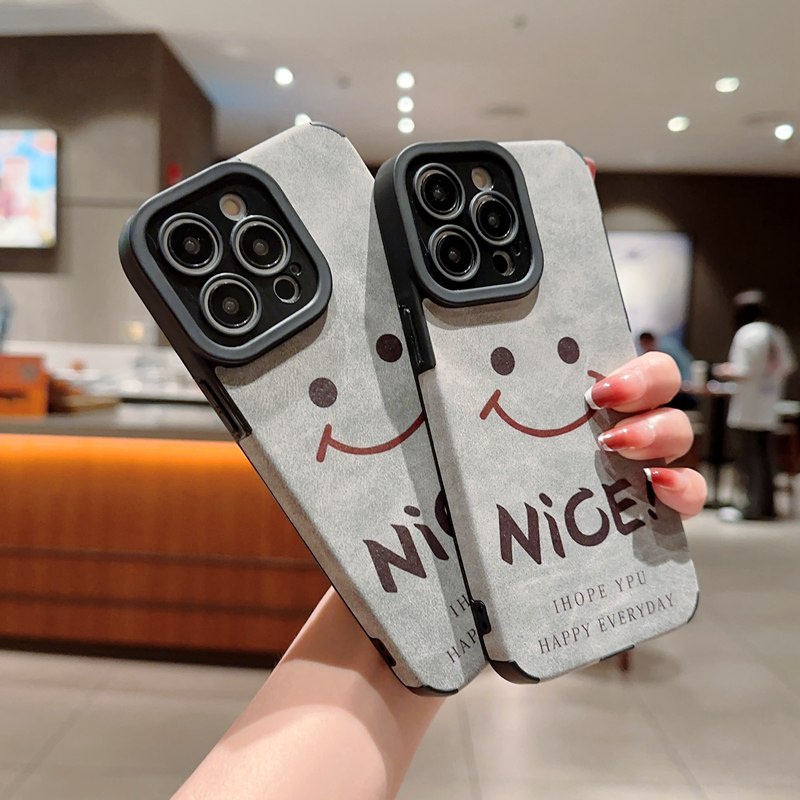 Retro suede Soft Case iP iPhone 7 8 Plus SE 2020 X XR XS Max 11 12 13 14 Pro Max 14 Plus Phone Case Camera Protect Gray Grey Happy Smile Nice