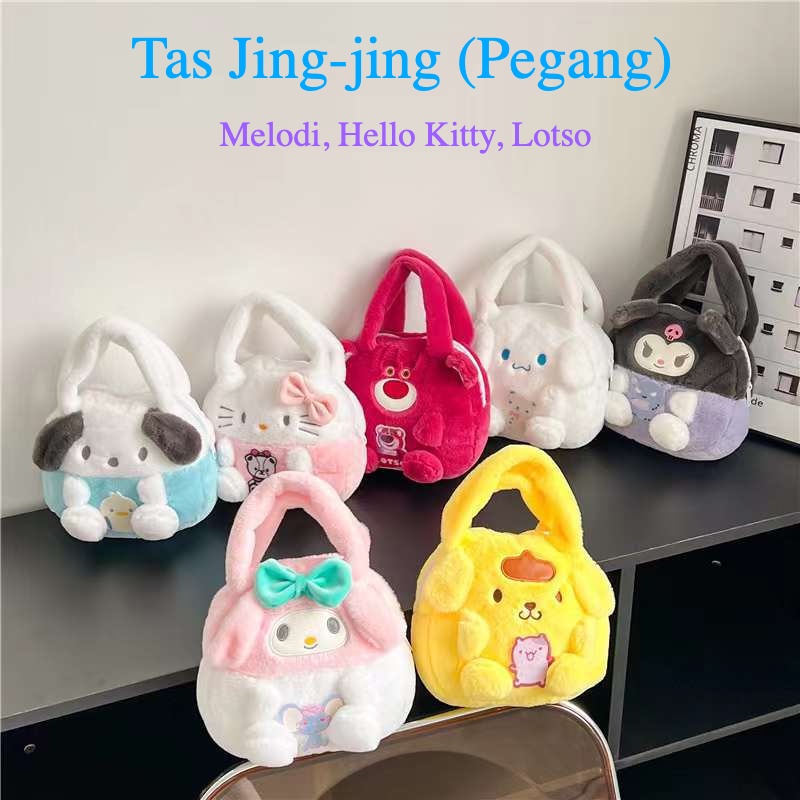 TAS KARAKTER BONEKA ANAK MELODI LOTSO PACHA HELLO KITTY KUROMI LUCU Bahan Bulu Bludru Plush Toy Doll Fluffy Fur Sling Bag Gemoy Kekinian