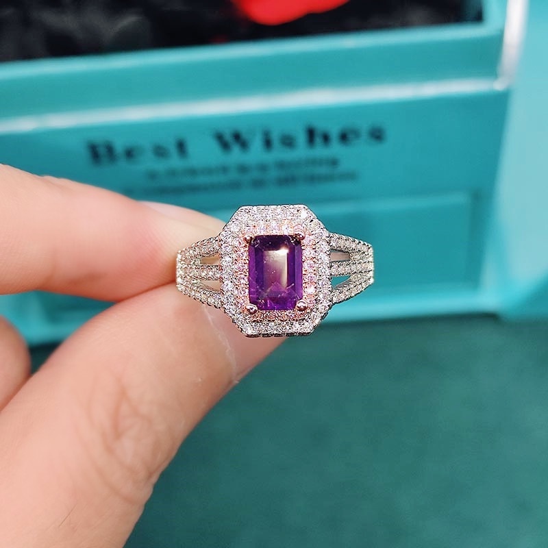 Goldkingdom Fashion Perhiasan Aksesoris Ready Stock Alami Olivine Cincin Wanita Natural Amethyst Emerald Cut Two Tone Open Ended Colored Treasure Ring