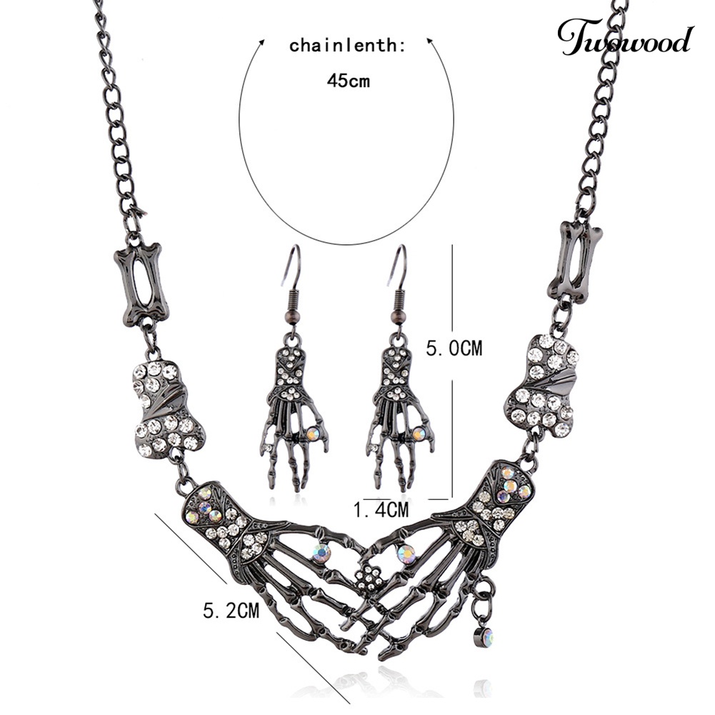 Twowood Alloy Rhinestone Skeleton Tangan Liontin Rantai Kalung Kait Anting Set Perhiasan