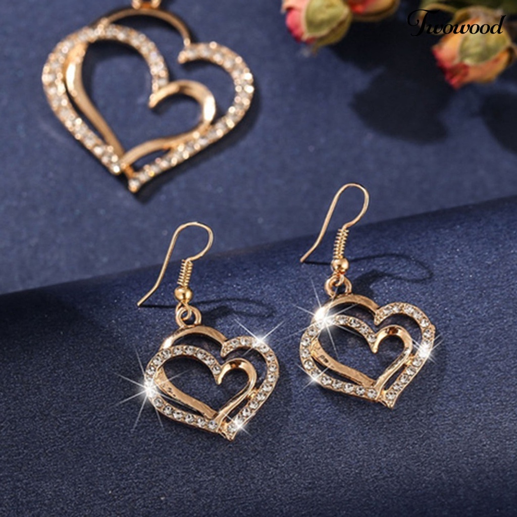 Twowood 1set Wanita Kalung Gelang Anting Berongga Keluar Ganda Liontin Hati Set Perhiasan Untuk Pakaian Sehari-Hari