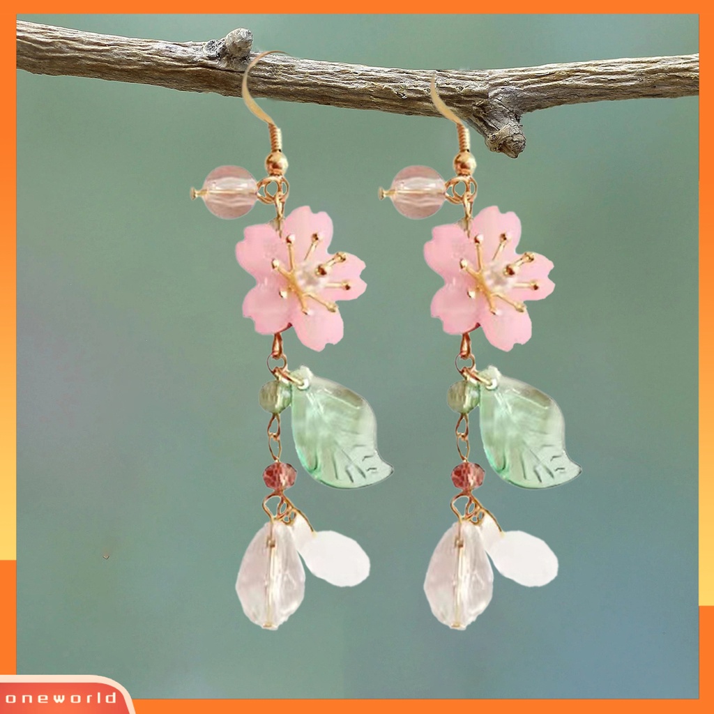 [OWR] 1pasang Ladies Earrings Unik Chic Semua Pertandingan Panjang Elegan Hias Logam Bunga Sakura Menjuntai Anting Hadiah