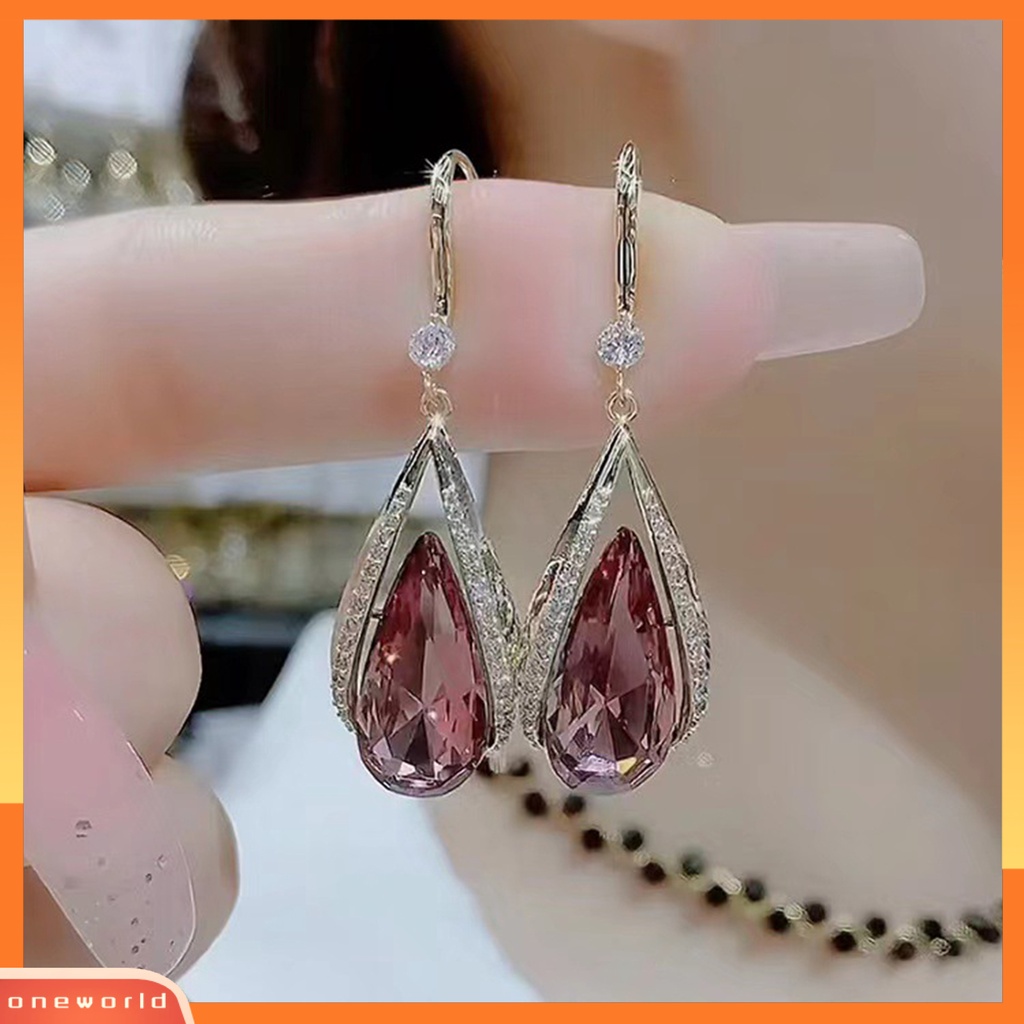 [OWR] 1pasang Anting Kait Kelas Tinggi Temperamen Elegan Berlian Imitasi Hadiah Imitasi Kristal Ungu Imitasi Tetesan Air Menjuntai Anting-Anting Perhiasan Fashion