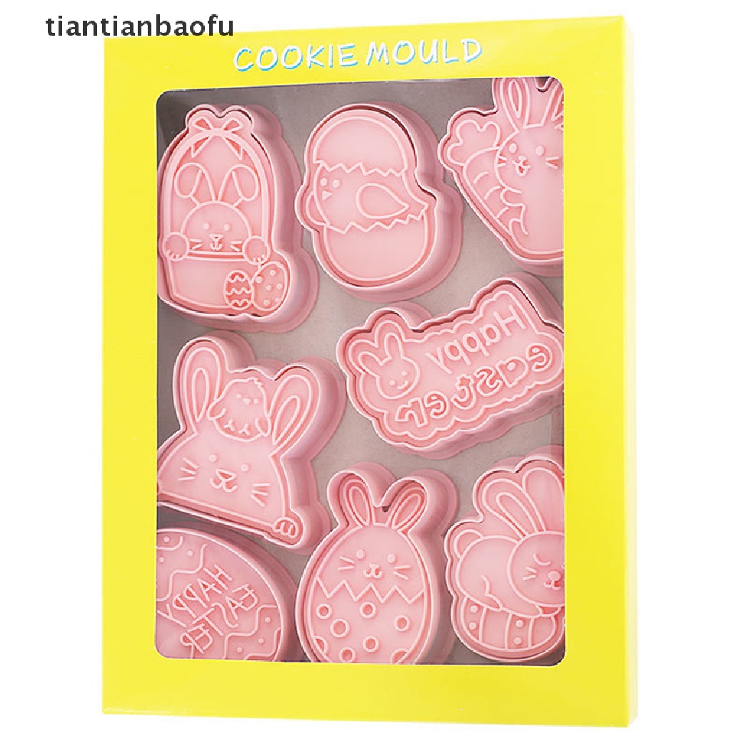 [tiantianbaofu] 8pcs/set Paskah Cookie Cutter Kelinci Pemotong Telur DIY 3D Cetakan Kue Plastik Butik