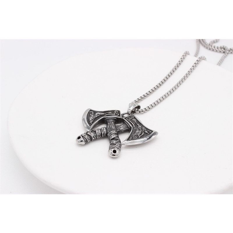 [X C Kalung] Pria Kalung Viking Tomahawk Baja Titanium Liontin Hip Hop Punk Gothic Vintage Fashion Perhiasan Aksesoris