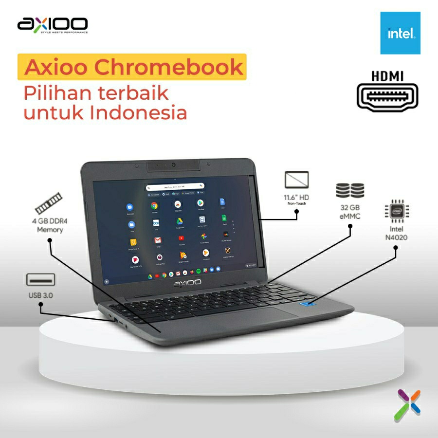 LAPTOP AXIOO CHROMEBOOK INTEL CELERON N4020 RAM 4GB 32GB EMMC 11.6&quot; INCH 2.80 GHz CHROME OS TKDN GARANSI RESMI