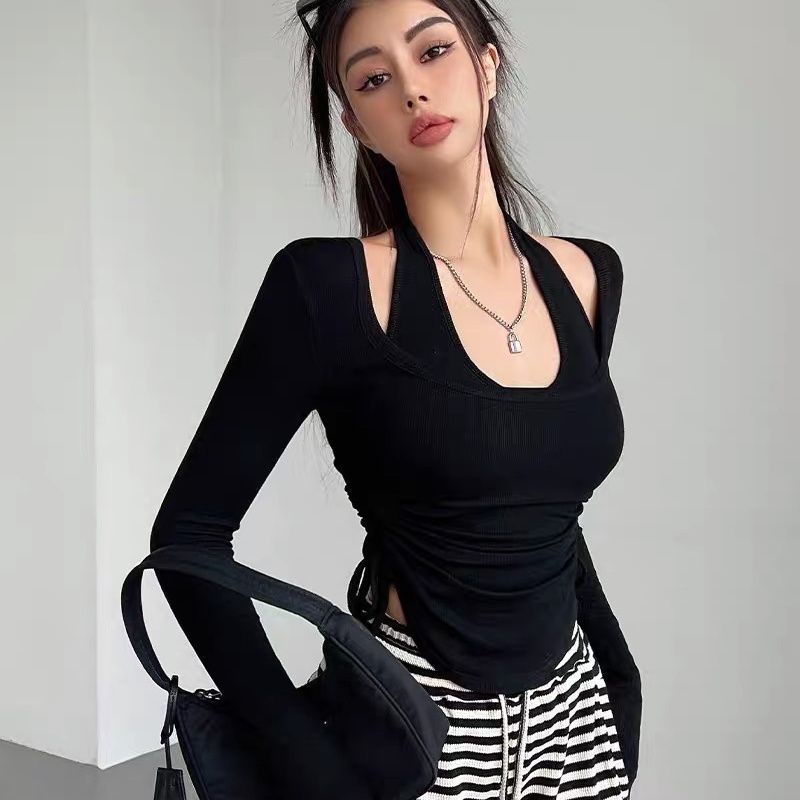 Red LRUPPG Hati-hati Mesin Keinginan Murni Gadis Panas Menggantung Leher Lengan Panjang T-shirt Wanita Slim Pendek Kemeja Dua Potong top