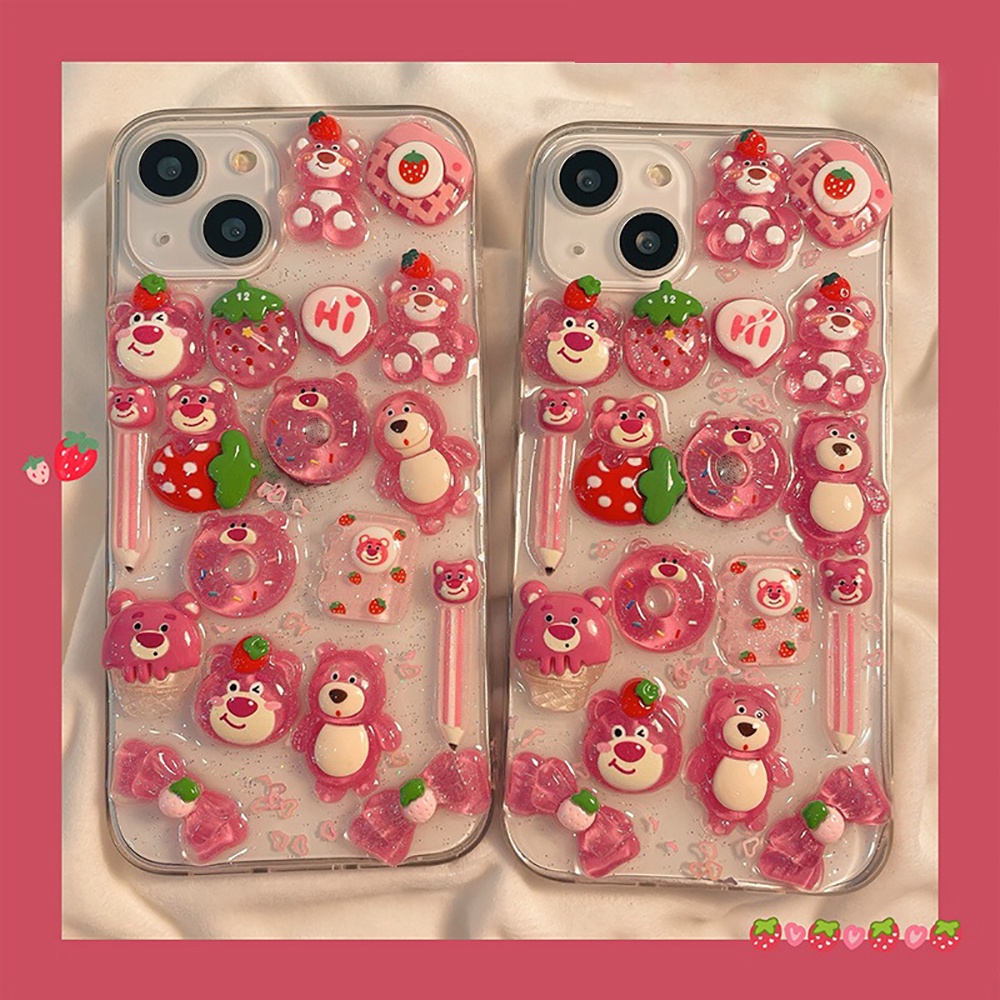 IPHONE Lucu Permen Jelly Warna 3D Strawberry Bear Phone Case Untuk Iphone14 13 12 11 Pro Max Cases Lembut Glitter Transparan Cover