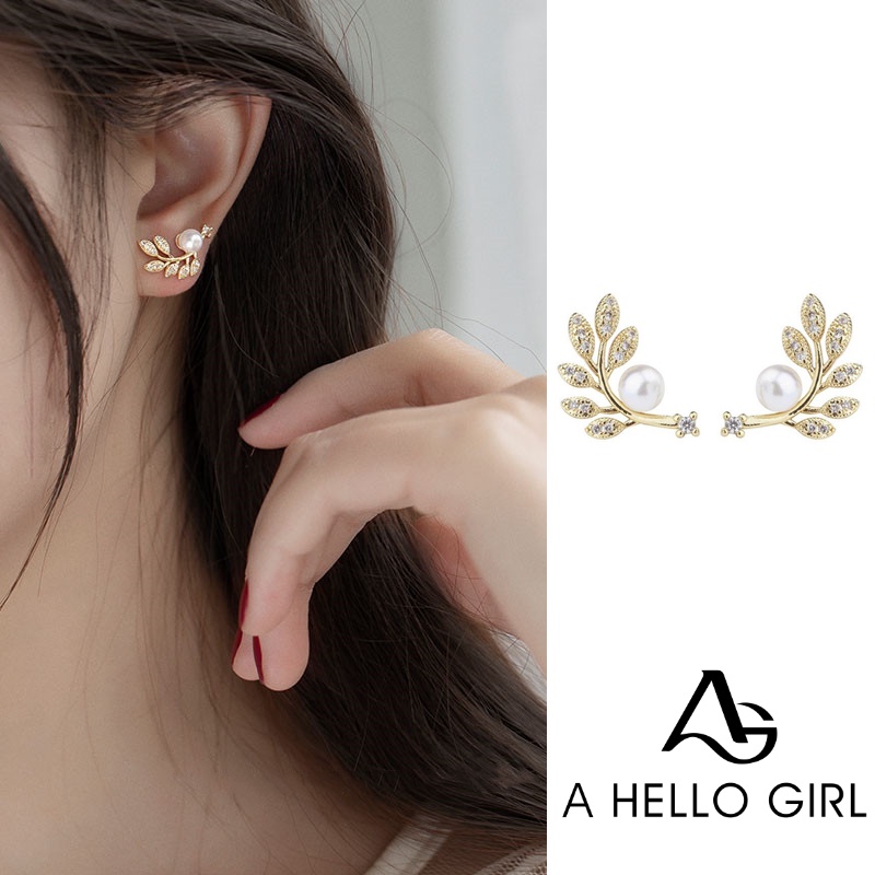 Anting Tusuk Sterling Silver 925 Desain Daun Hias Zircon + Mutiara Untuk Wanita