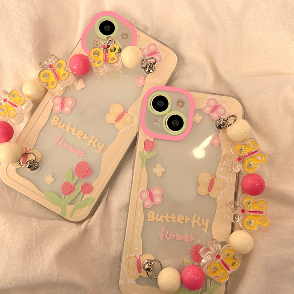 IPHONE Gelang Manik-Manik Mutiara Gelang Tangan Ponsel Case Kompatibel Untuk Iphone14 13 12 11 Pro Max Kartun Lebah Bunga Tulip Tali Penebalan Lembut TPU Belakang Cove