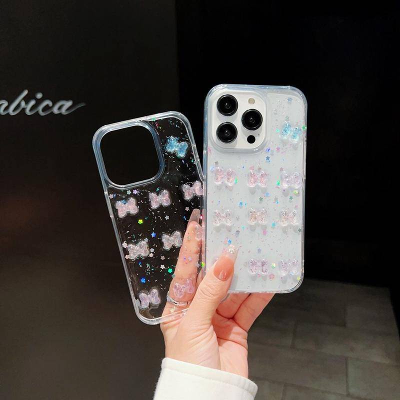 Busur Laser 3D Mewah Glitter Bening Soft Case FFor Iphone14 13 12 11 Pro MAX Plus Mini Bling Transparan Cover Untuk iPhone X XS MAX XR 7 8 Plus SE 2022 2020 14Plus 13Mini 12Mini