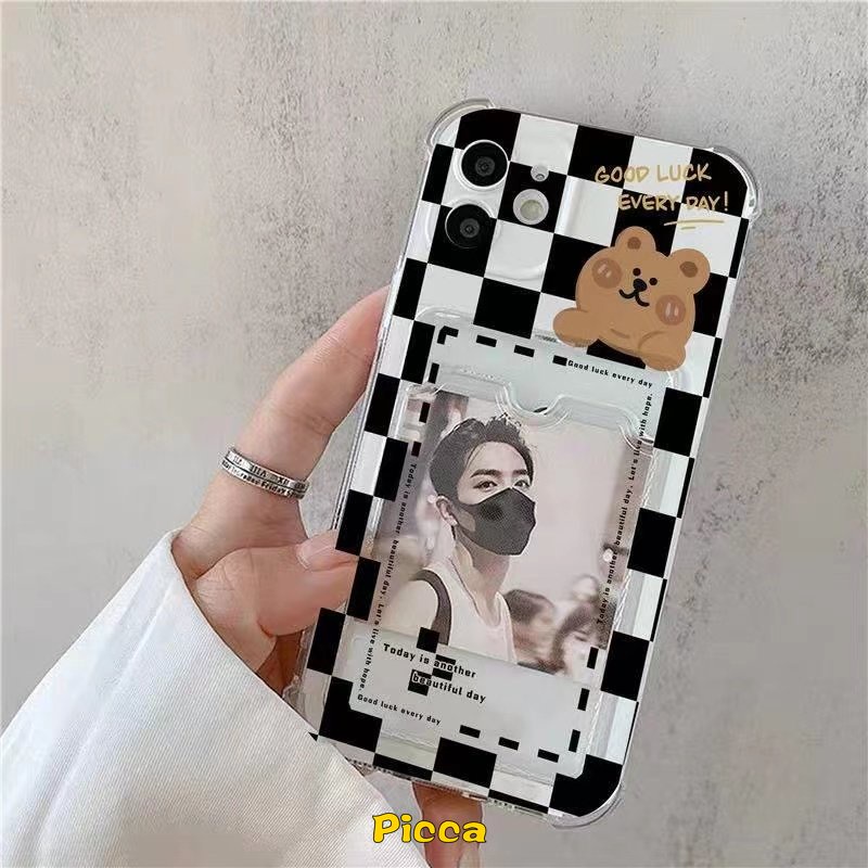 Kartun Lucu Bear Case Oppo A16 A95 A55 A12 A15 A96 A15s A7 A9 A5 2020 A5s A54 A74 A3s A12E A76 Reno8 7 5G A11K A36 A35 INS Dompet Slot Card Holder Anti Jatuh Lembut Tpu Penutup Belakang