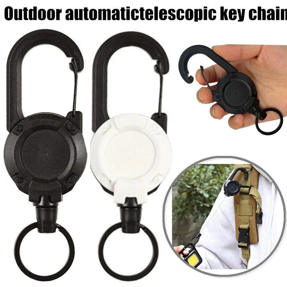 1pc Logam Anti-Pencurian Otomatis Ditarik Mudah-Tarik Gantungan Kunci Multifungsi Gesper Carabiner Tali Kawat Gantungan Kunci Anti Hilang ID Card Holder Aksesoris