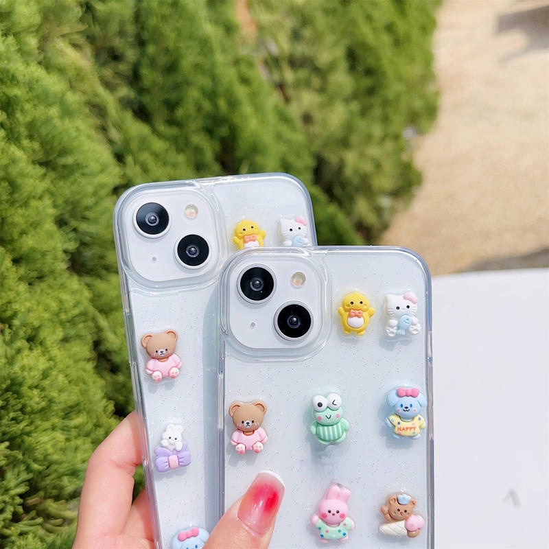 Lucu Korea Kartun 3D Kelinci Kodok Beruang Puppy Dog Drop Lem Akrilik Case Untuk Iphone14 13 12 11 Pro MAX Plus Mini Shockproof Cover Untuk iPhone X XS MAX XR 7 8 Plus SE 2022 2020