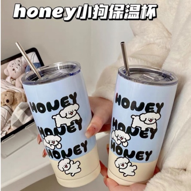 PREMIUM QUALITY TERMOS MOTIF PUPPY TULISAN HONEY / TUMBLR ESTETIK KOREA / BOTOL MINUM UNIK / CANGKIR MINUM KOPI BAHAN STAINLESS STELL 304 KAPASITAS 550ML DENGAN SEDOTAN / HONEY TUMBLR 550ML / TUMBLR KOPI TEH CUP STAINLESS