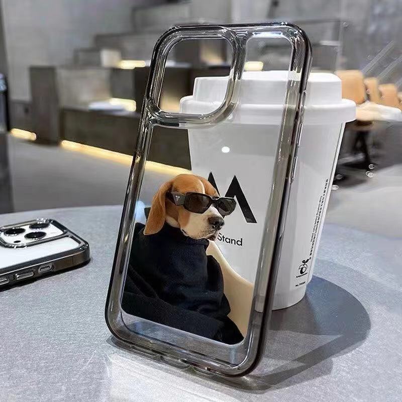 IPHONE Kacamata Hitam Anjing Lembut Shockproof Case Kompatibel Untuk Iphone11 14 13 12 Pro XS Max X XR 7 +8 6 6S Plus Casing Transparan TPU Unik Tombol Penutup Kamera Perlindungan