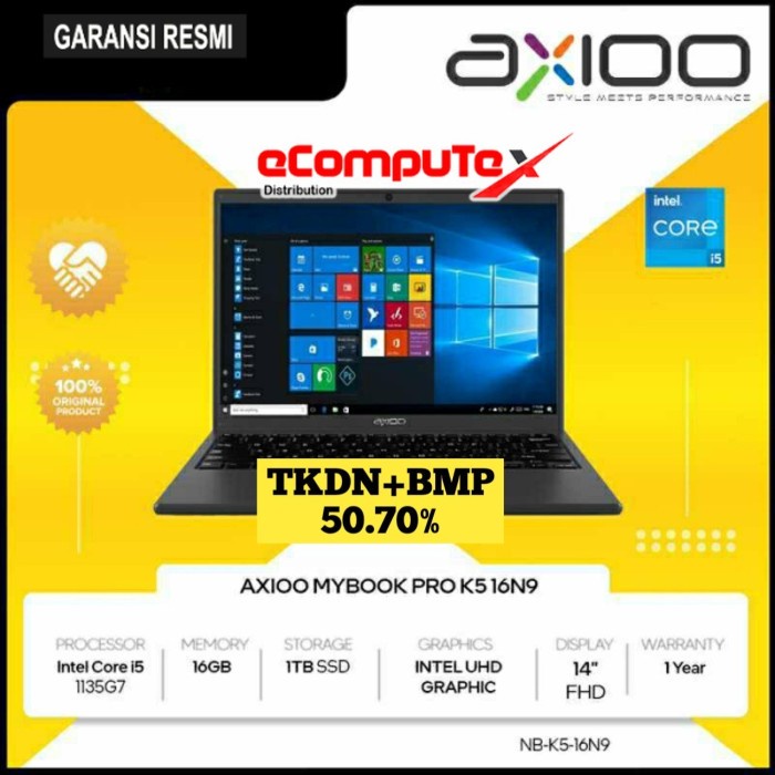 LAPTOP AXIOO MYBOOK PRO K5 (16N9-5) i5 16GB 1TB 14&quot;FHD IPS TKDN GARANSI RESMI